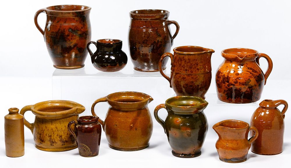 Lot 706: Redware Pitcher and Mug Assortment