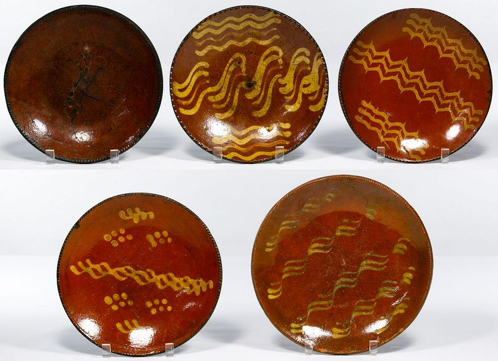Lot 709: Redware Slip Decorated Plate and Bowl Assortment