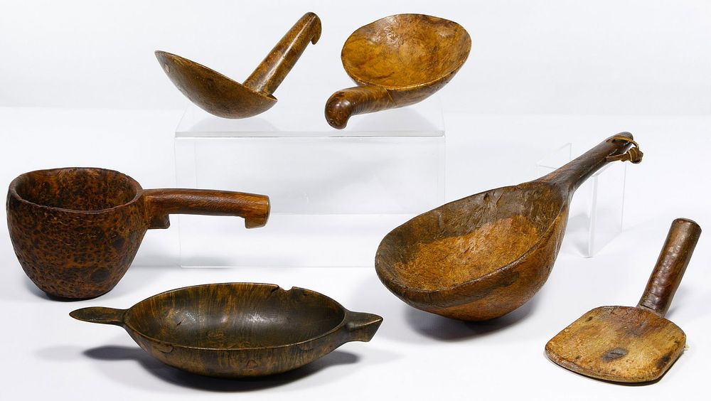 Lot 742: Burl Wood Effigy Bowl and Ladle Assortment