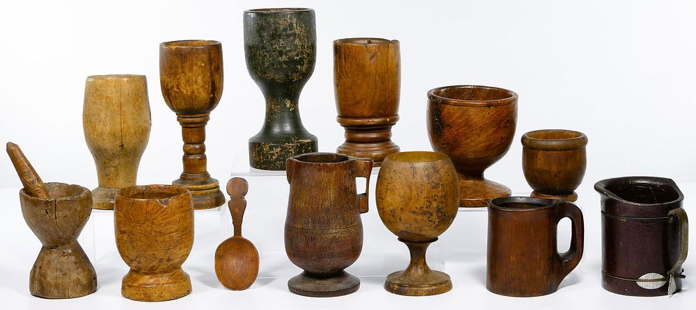 Lot 743: Burl Wood Mortar and Cup Assortment