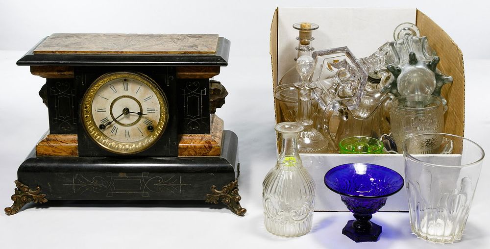 Lot 222: Mantel Clock and Glass Assortment