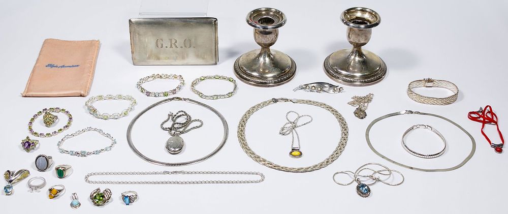 Lot 343: Sterling Silver Jewelry and Candle Holder Assortment
