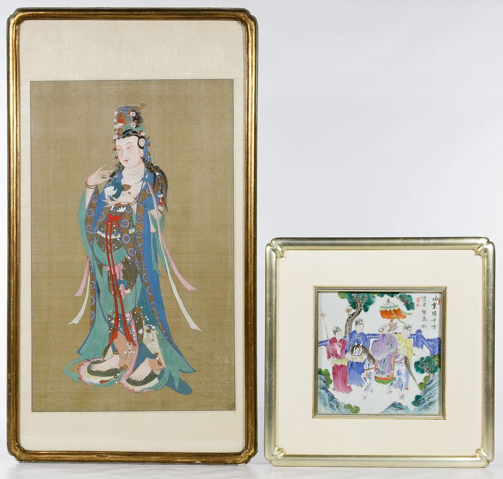 Lot 165: Asian Ceramic Plaque and Silk Painting