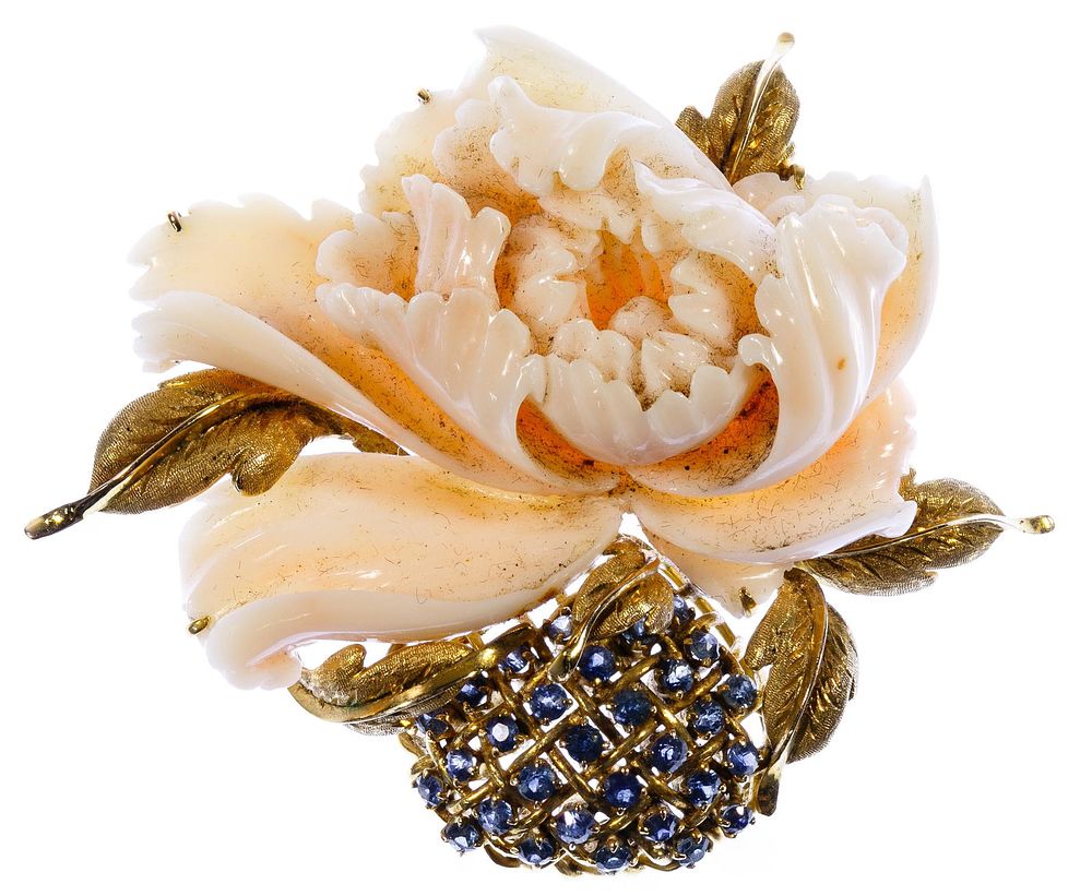 Lot 239: 14k Gold, Coral and Sapphire Brooch