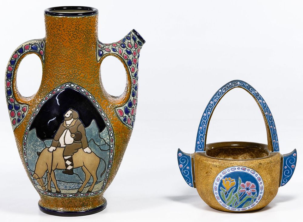Lot 355: Amphora Double Handled Vase and Handled Bowl