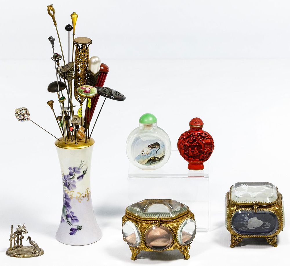 Lot 534: Hatpin, Perfume, Trinket Box and Sterling Silver