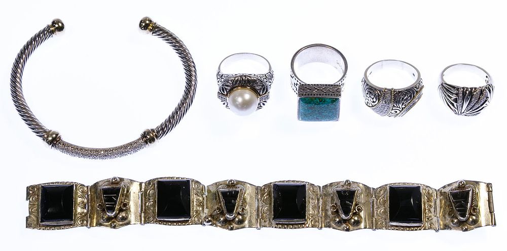 Lot 378: Gold and Sterling Silver Ring and Bracelet Assortment