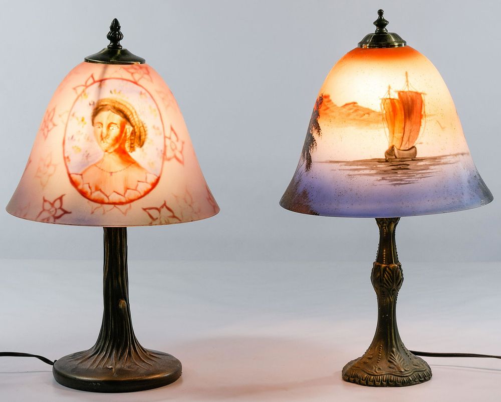 Lot 163: Reverse Painted Shade Boudoir Lamps