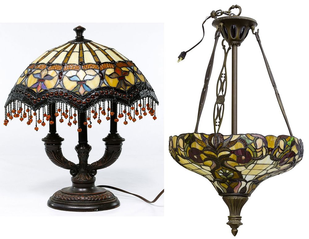 Lot 165: Stained Glass Style Ceiling Fixture and Table Lamp