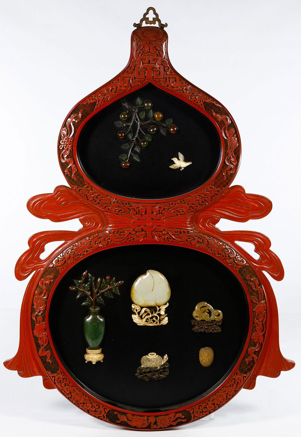 Lot 182: Asian Cinnabar and Hardstone Wall Plaque