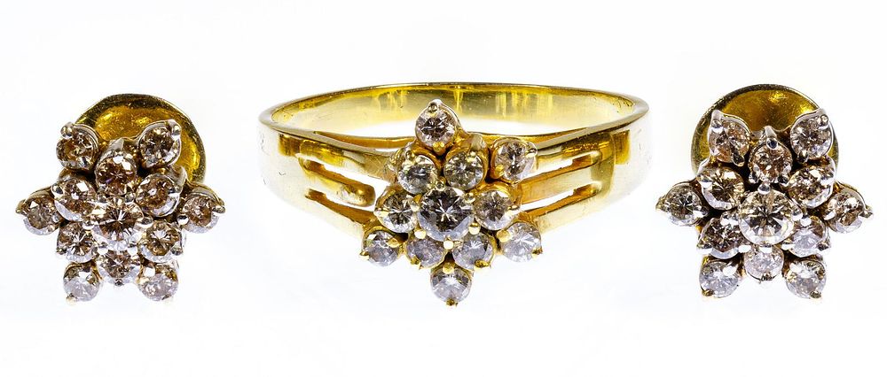 Lot 211: 14k Gold and Diamond Ring and Earring Set