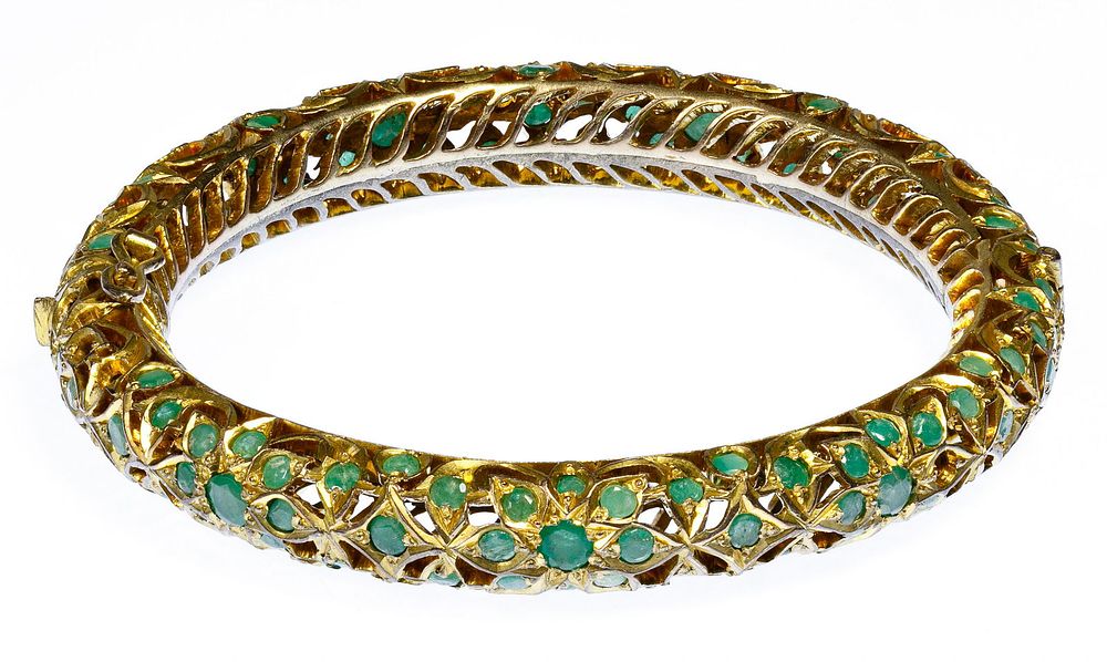Lot 249: Indian Emerald and Brass Hinged Bangle Bracelet