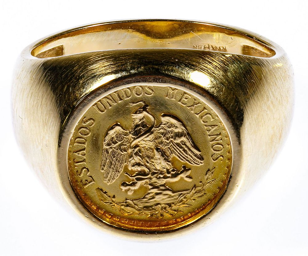 Lot 250: Mexican 1945 Dos Peso Coin in 14k Gold Ring Setting