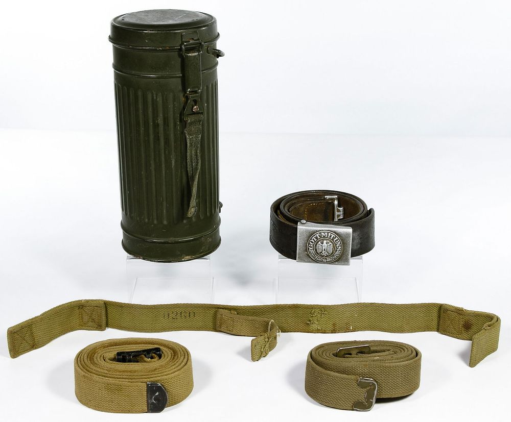 Lot 353: World War II and After German Gas Mask Canister, Belt
