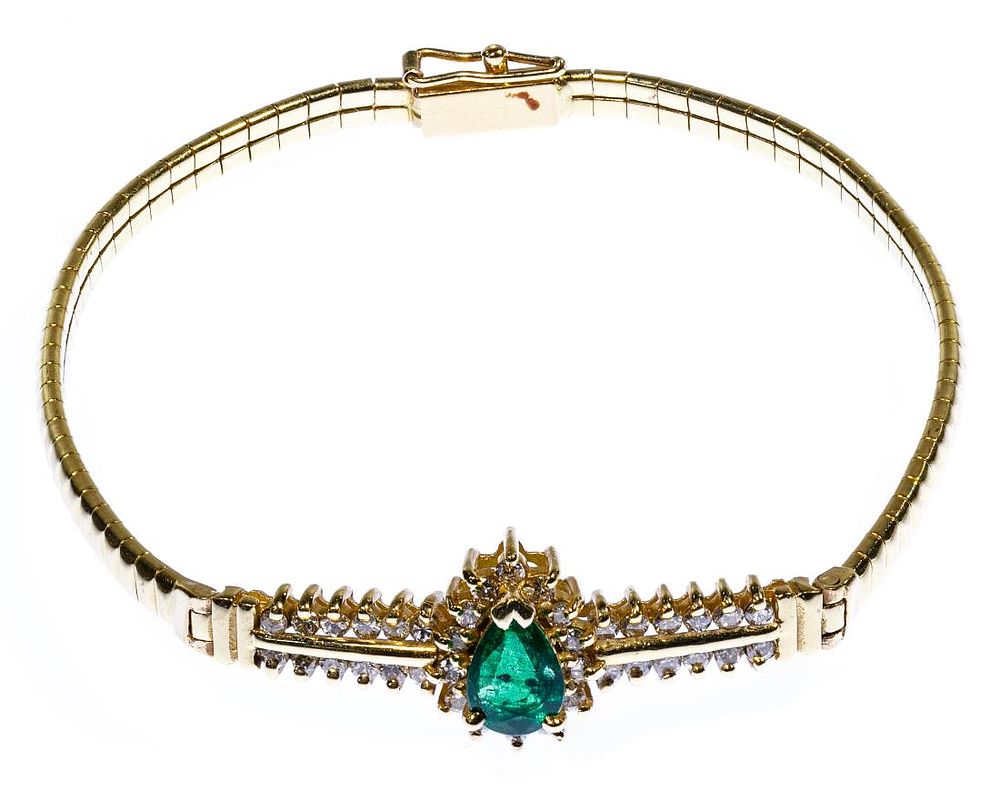 Lot 168: 14k Gold, Emerald and Diamond Bracelet