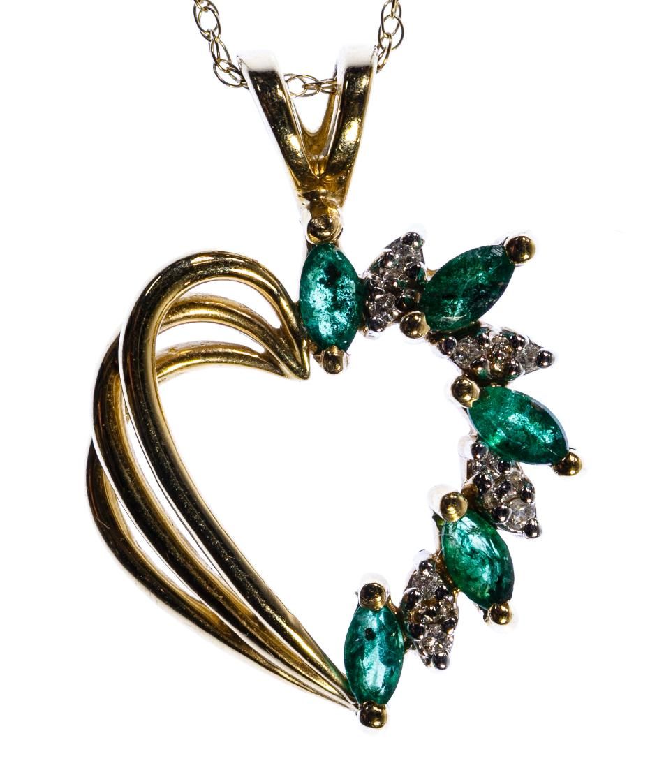 Lot 179: 14k Gold, Emerald and Diamond Heart Shaped Pendant
