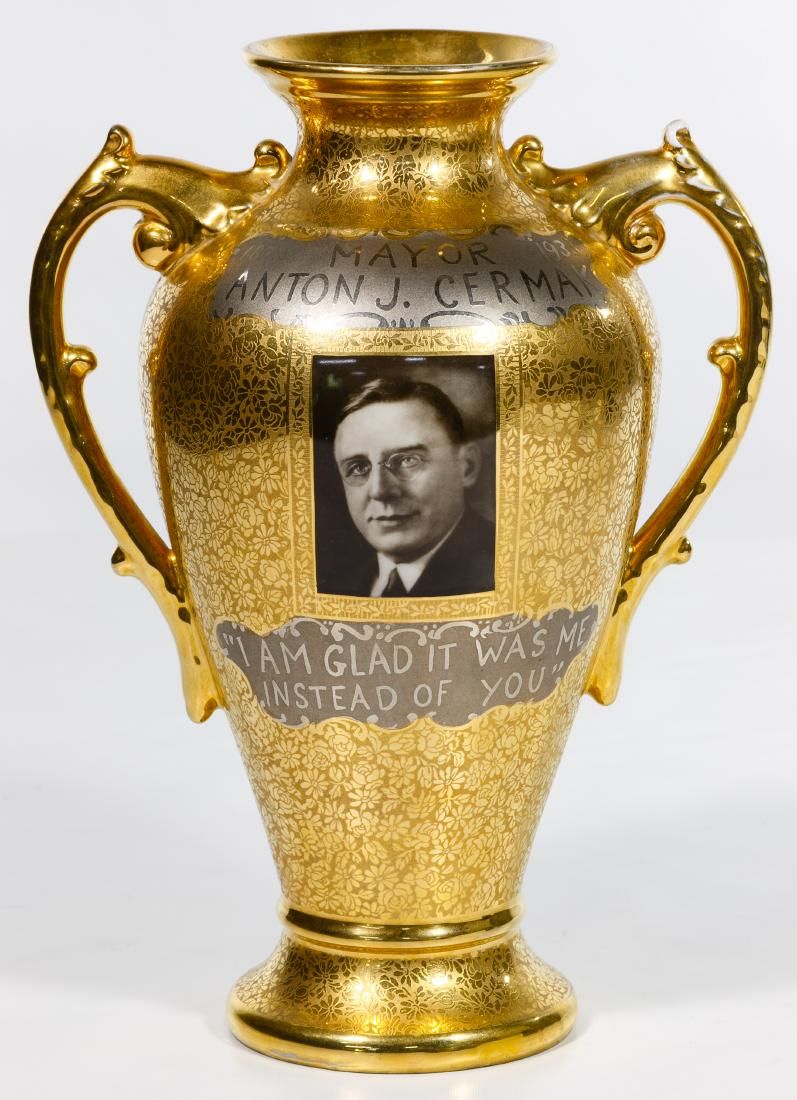 Lot 301: Mayor Anton J. Cermak Gilded Memorial Vase