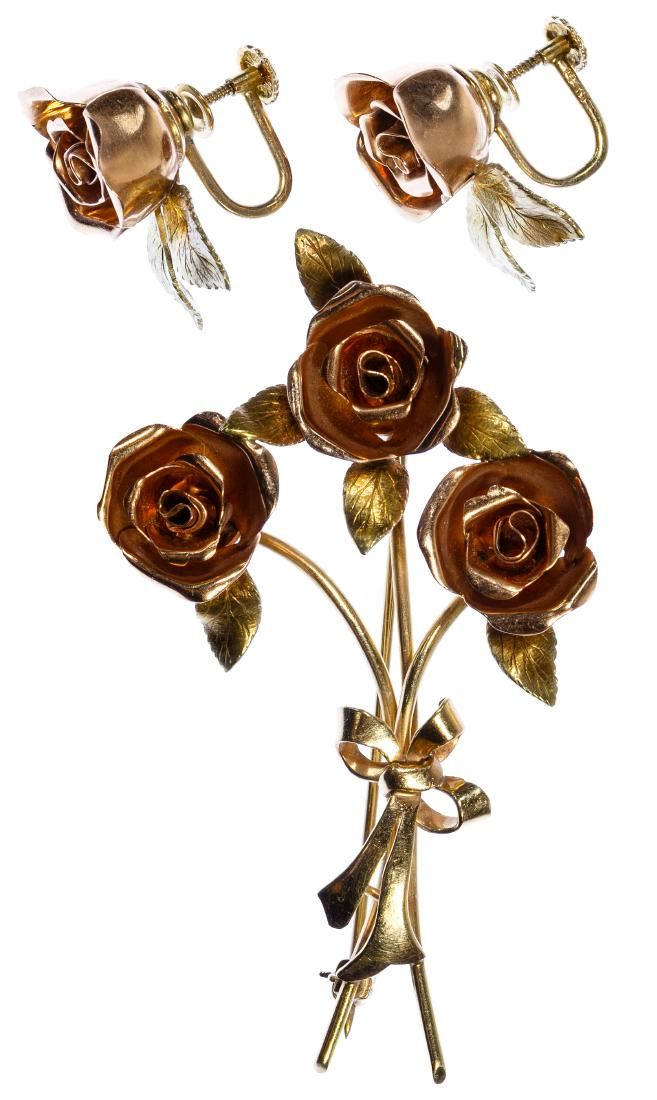 Lot 162: 14k Rose and Yellow Gold Pin and Earring Set