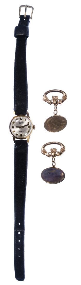 Lot 223: 18k Gold Case Wrist Watch and 9k Gold Cuff Links