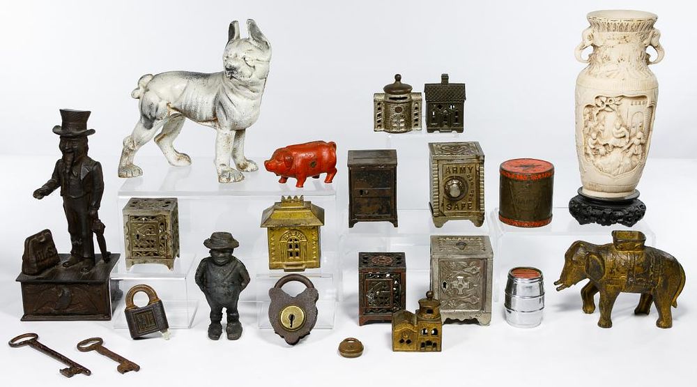 Lot 318: Cast Iron Bank, Toy and Lock Assortment