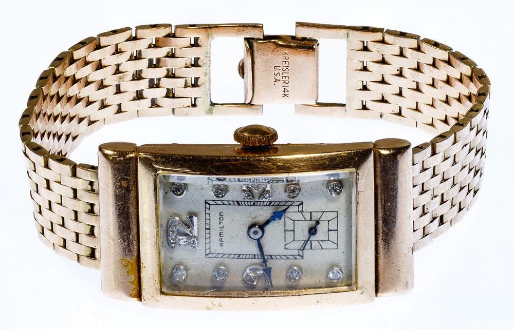 Lot 395: Hamilton 14k Rose Gold Case and Band Wrist Watch