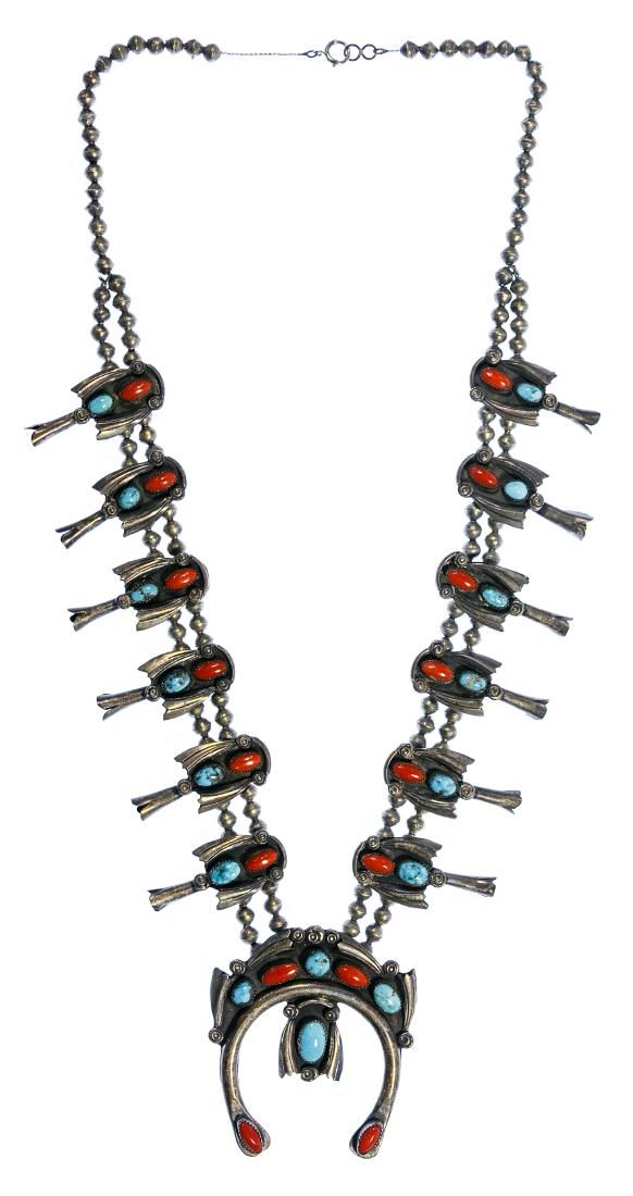Lot 426: Sterling Silver, Coral and Turquoise Squash Blossom