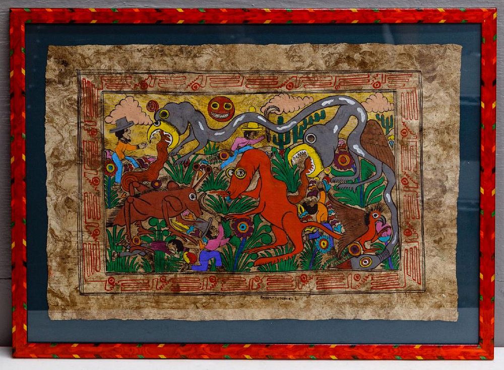 Lot 231: Mexican and Aboriginal Hand Painted Framed Art