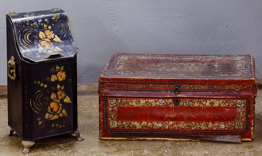 Lot 262: Toleware Coal Bin and Painted Leather Trunk