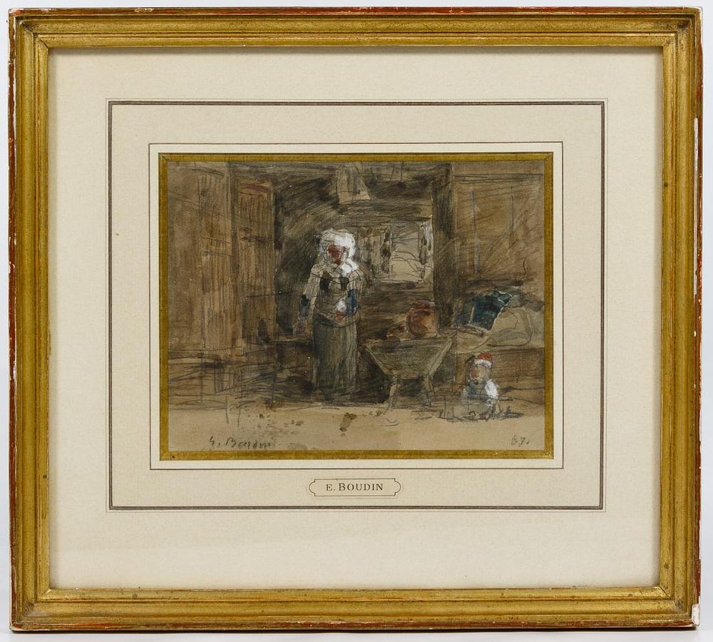 Lot 278: Eugene Boudin (French, 1824-1889) 'Woman in Kitchen'