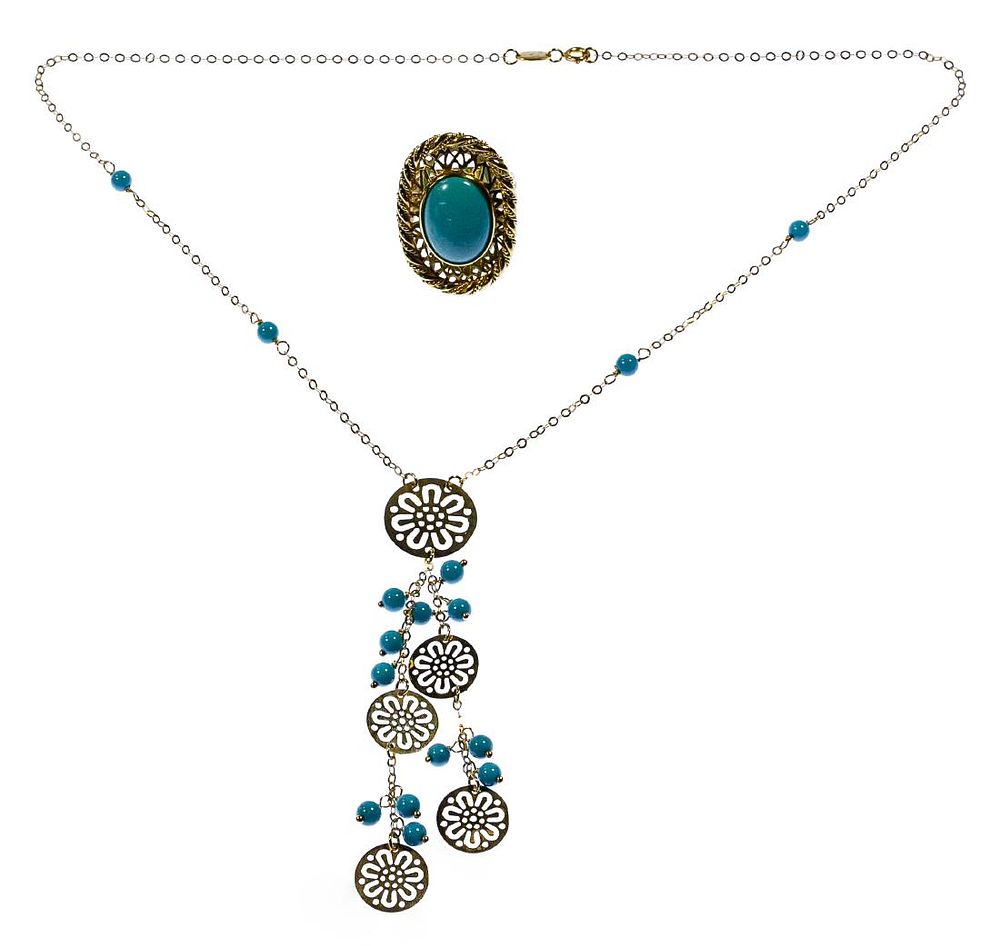 Lot 444: 18k Gold and Persian Turquoise Ring and Necklace