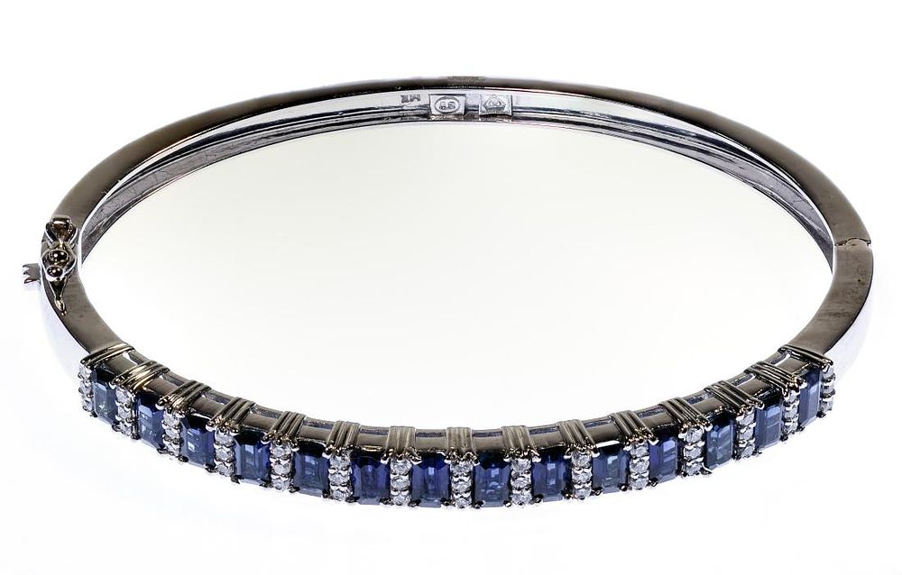 Lot 495: 14k White Gold, Sapphire and Diamond Bangle Bracelet