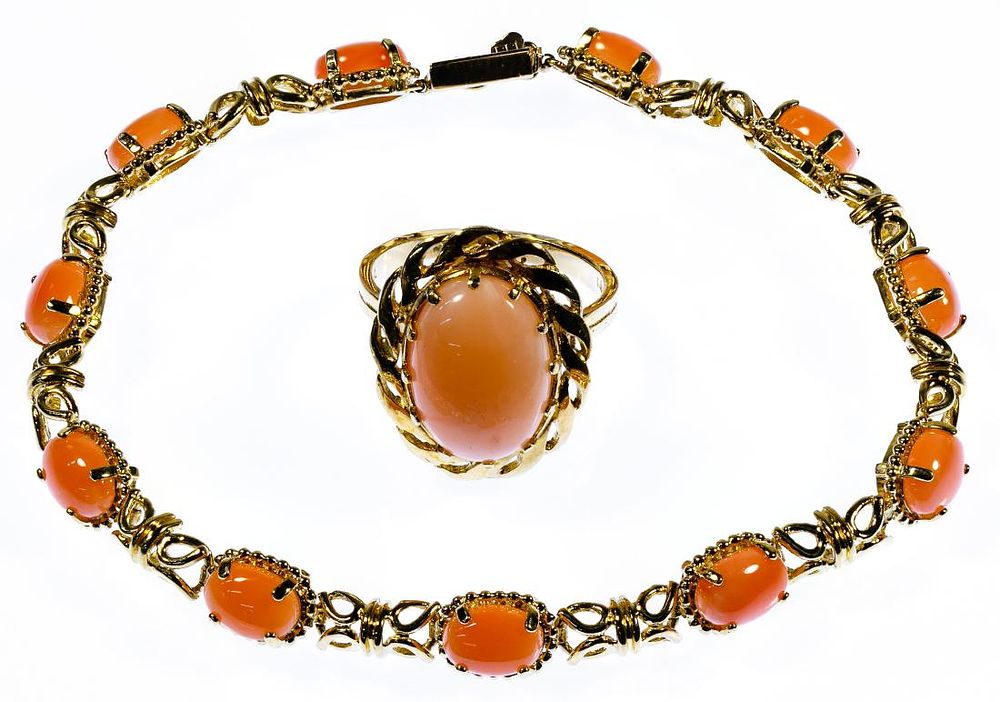 Lot 512: 14k Gold and Coral Ring and Bracelet