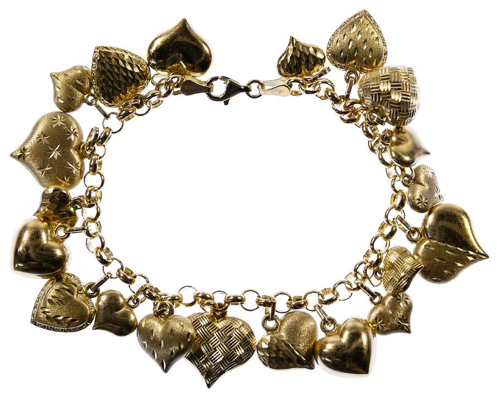 Lot 516: 14k Gold Heart Dangle Bracelet