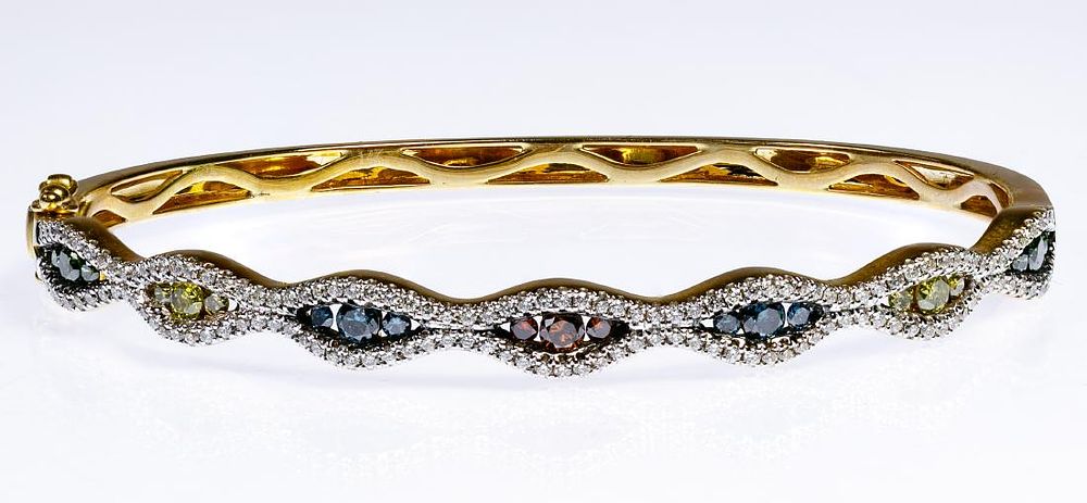 Lot 521: 14k Gold and Multi-color Diamond Bangle Bracelet