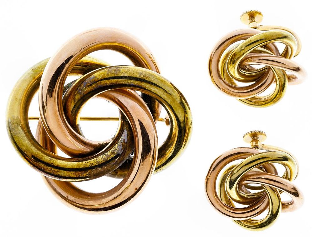 Lot 533: 14k Rose and Yellow Gold Earring and Brooch Collection
