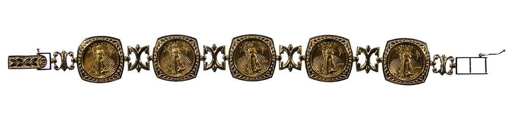Lot 669: 1999 $5 Gold Coins Mounted in 14k Gold Bracelet