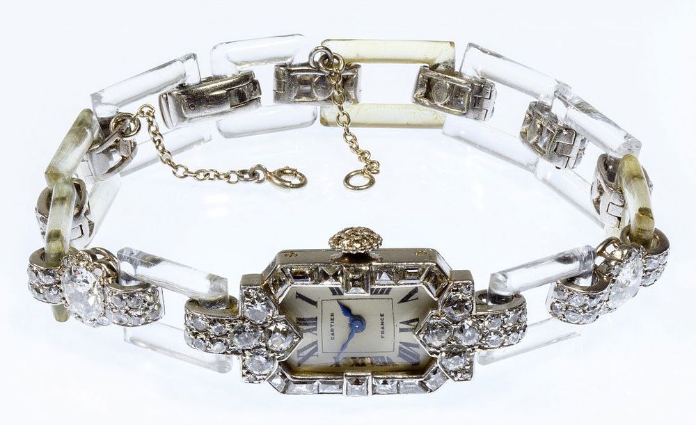 Lot 686: Cartier Platinum, Rock Crystal and Diamond Wrist Watch