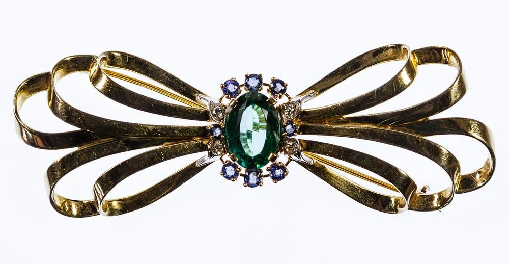 Lot 264: 14k Gold, Emerald, Sapphire and Diamond Brooch