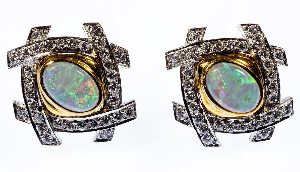 Lot 282: Platinum, 14k Gold, Opal and Diamond Pierced Earrings