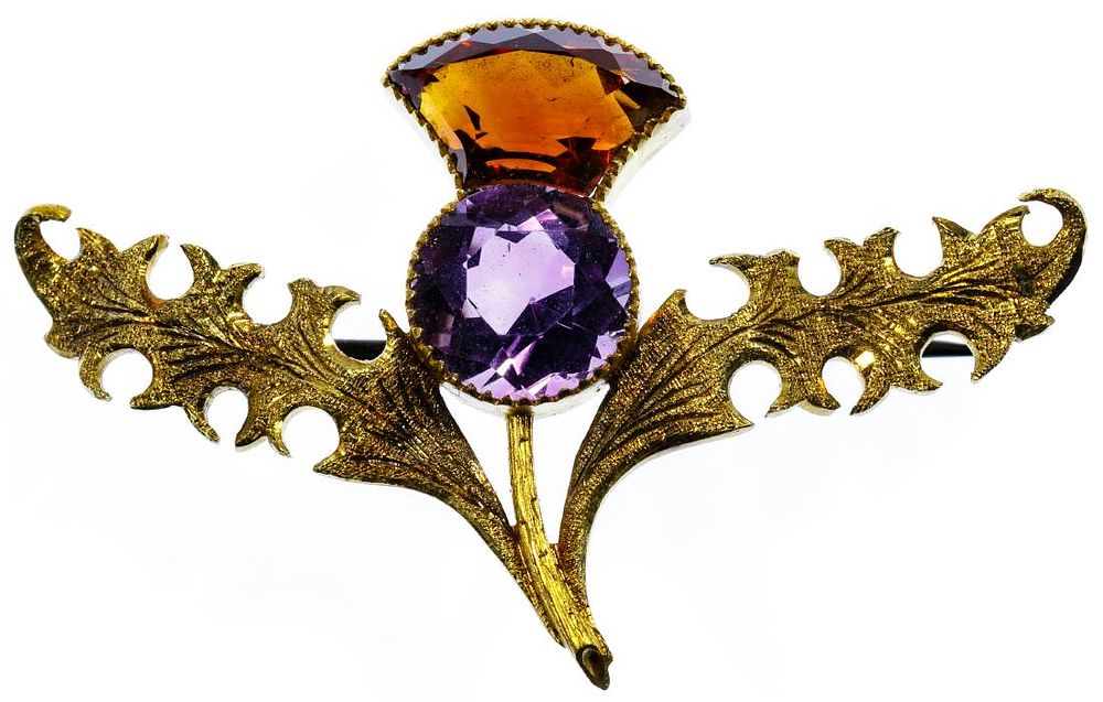 Lot 194: 15k Gold, Garnet and Amethyst Thistle Pin