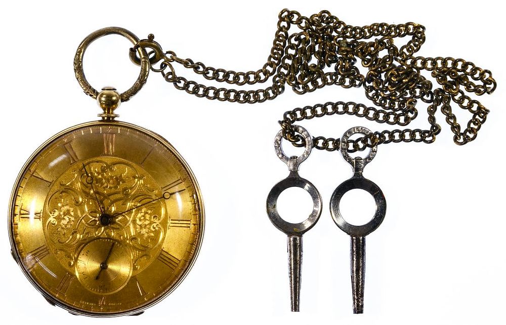 Lot 184: Guinand 18k Gold Open Face Pocket Watch