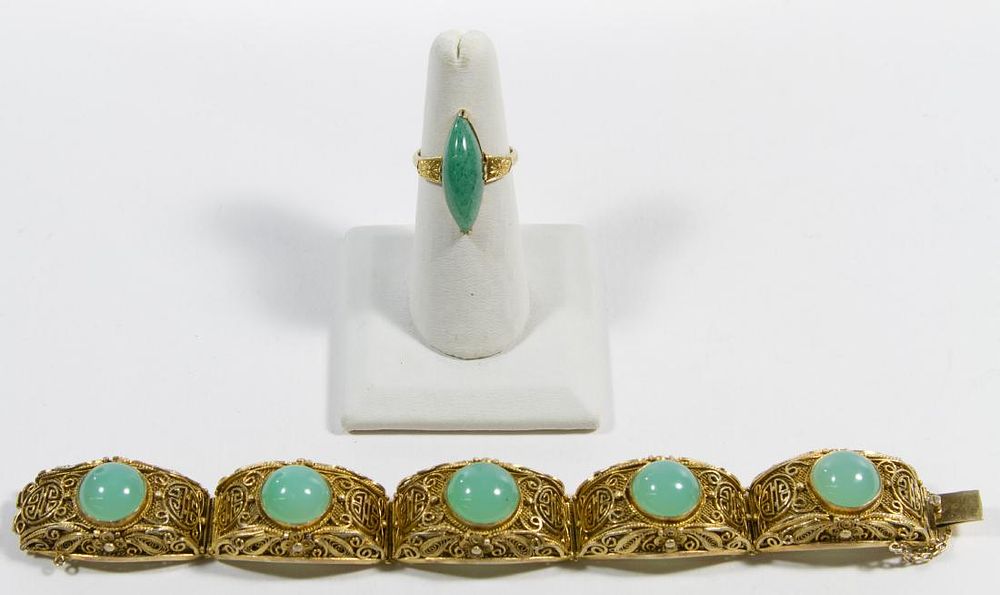 Lot 270: Gold Vermeil Silver and Jadeite Jade Bracelet