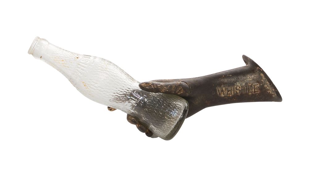 Lot 403: Whistle Beverage Advertising Cast Iron Hand and Bottle