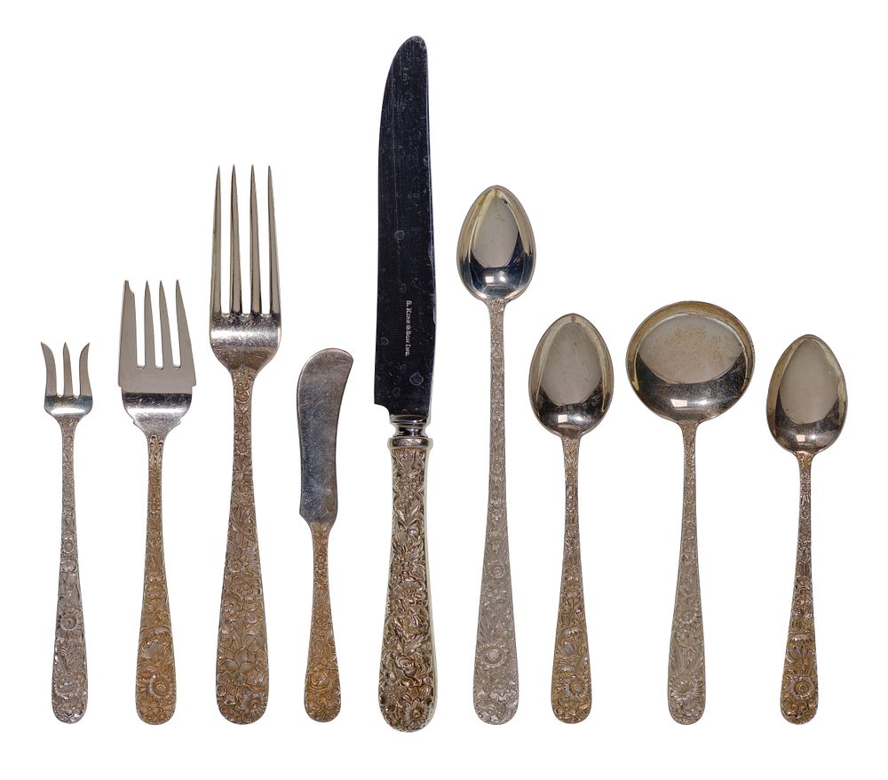 Lot 232: S. Kirk & Son Repousse Sterling Silver Flatware Service