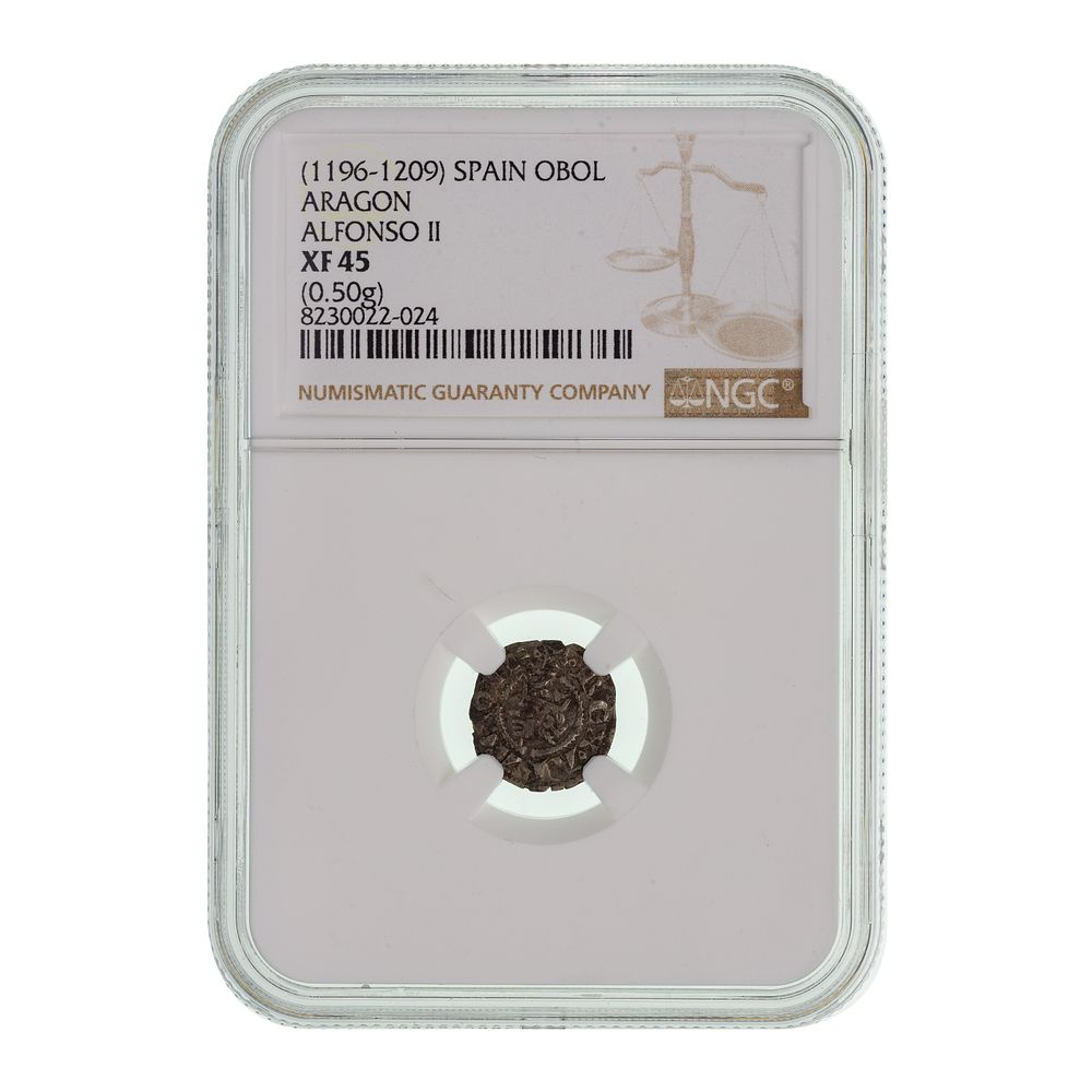 Lot 251: SPAIN (1196-1209) Obol Aragon Alfonso II XF-45 NGC