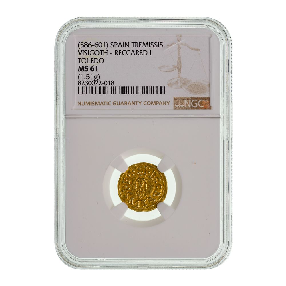 Lot 254: SPAIN (586-601) Trem Visigoth - Reccared I Toledo MS-61 NGC