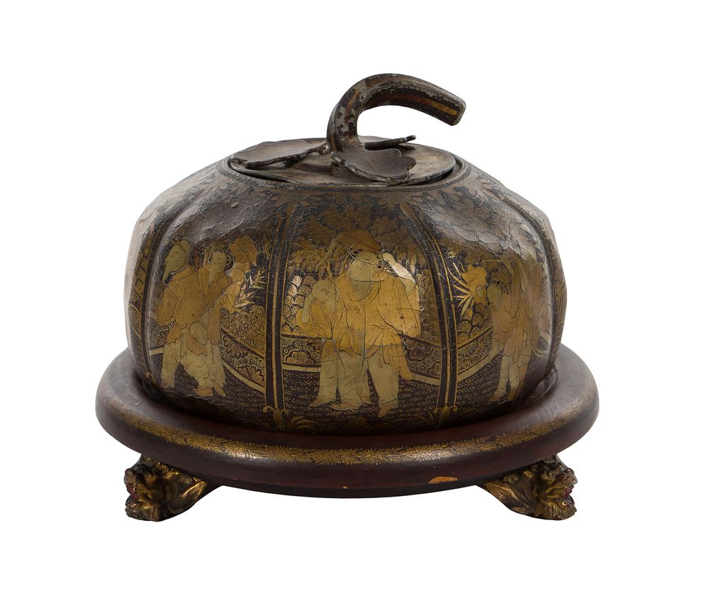 Lot 300: Chinese Melon Form Lidded Tea Caddy and Stand