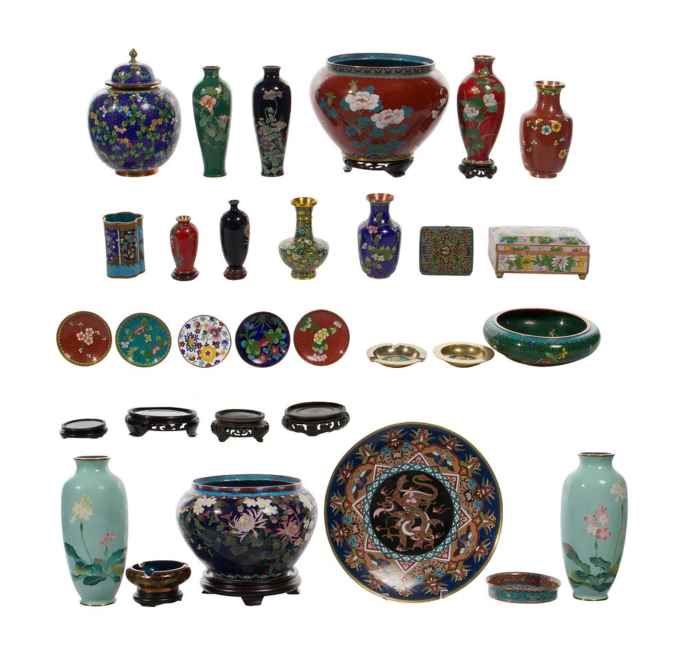 Lot 329: Cloisonne and Wooden Stand Assortment