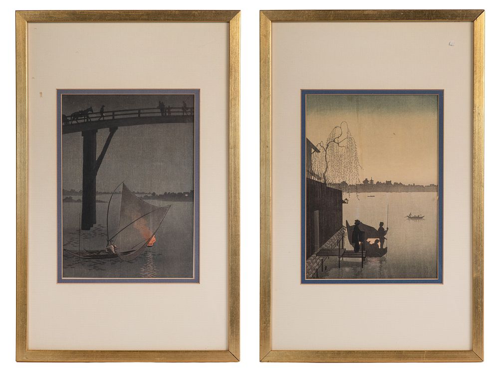 Lot 339: Eijiro Kobayashi (Japanese, 1870-1946) 'Evening Cool on Shimida River' Woodcut