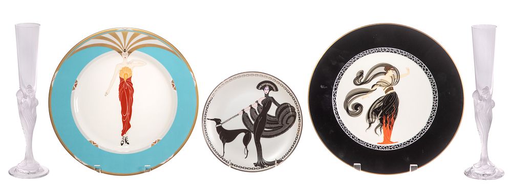 Lot 355: Erte Crystal Champagne Flutes and Porcelain Plate Assortment
